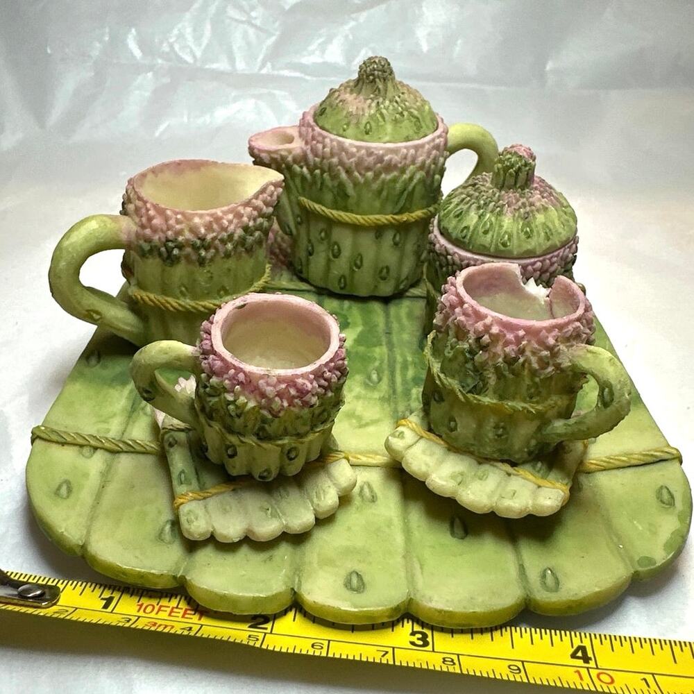 vintage 1990s miniature tea set featuring a whimsical asparagus and pink blossom